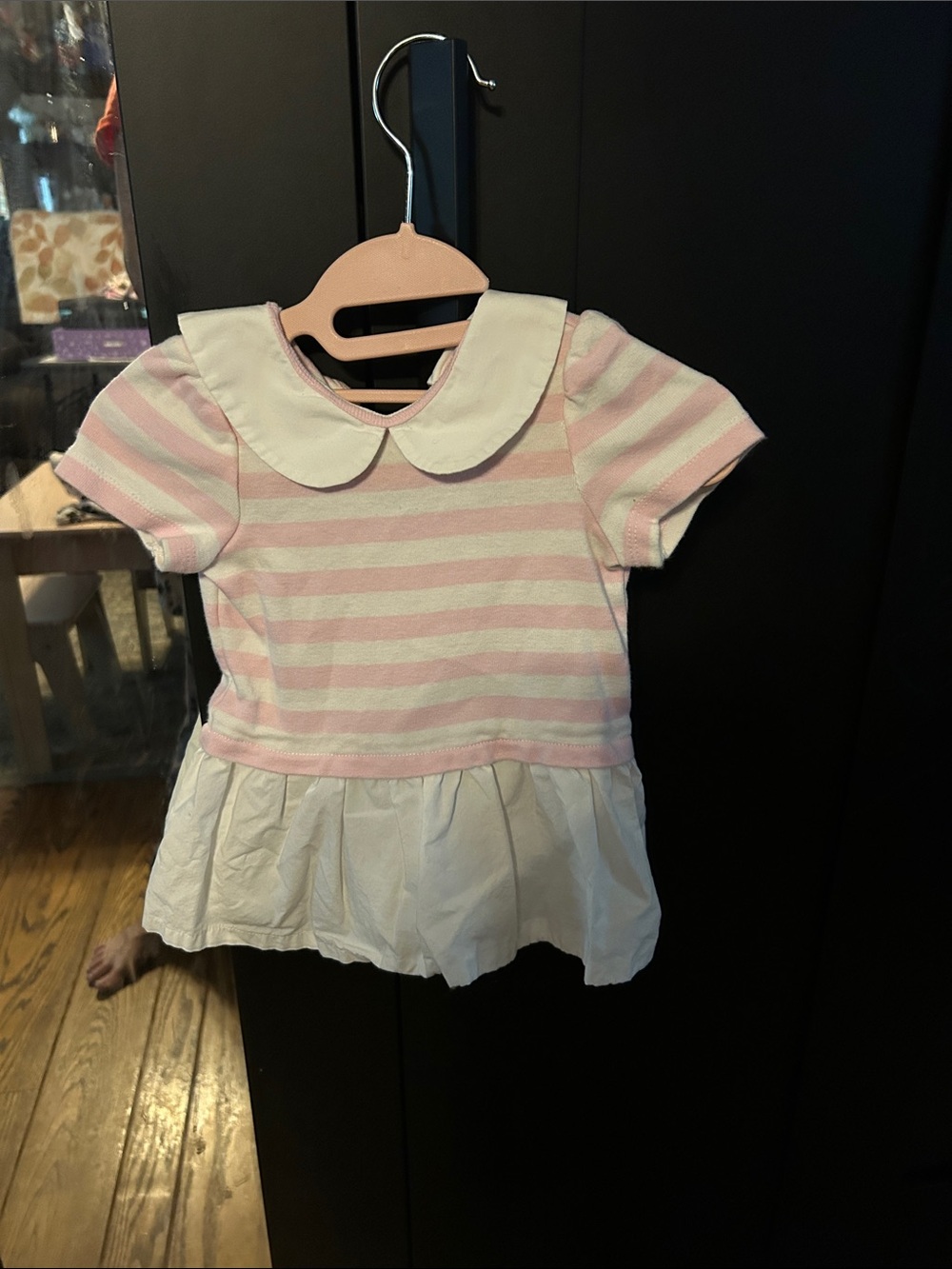 Girls Pink & White Striped Peter Pan Collar Dress
